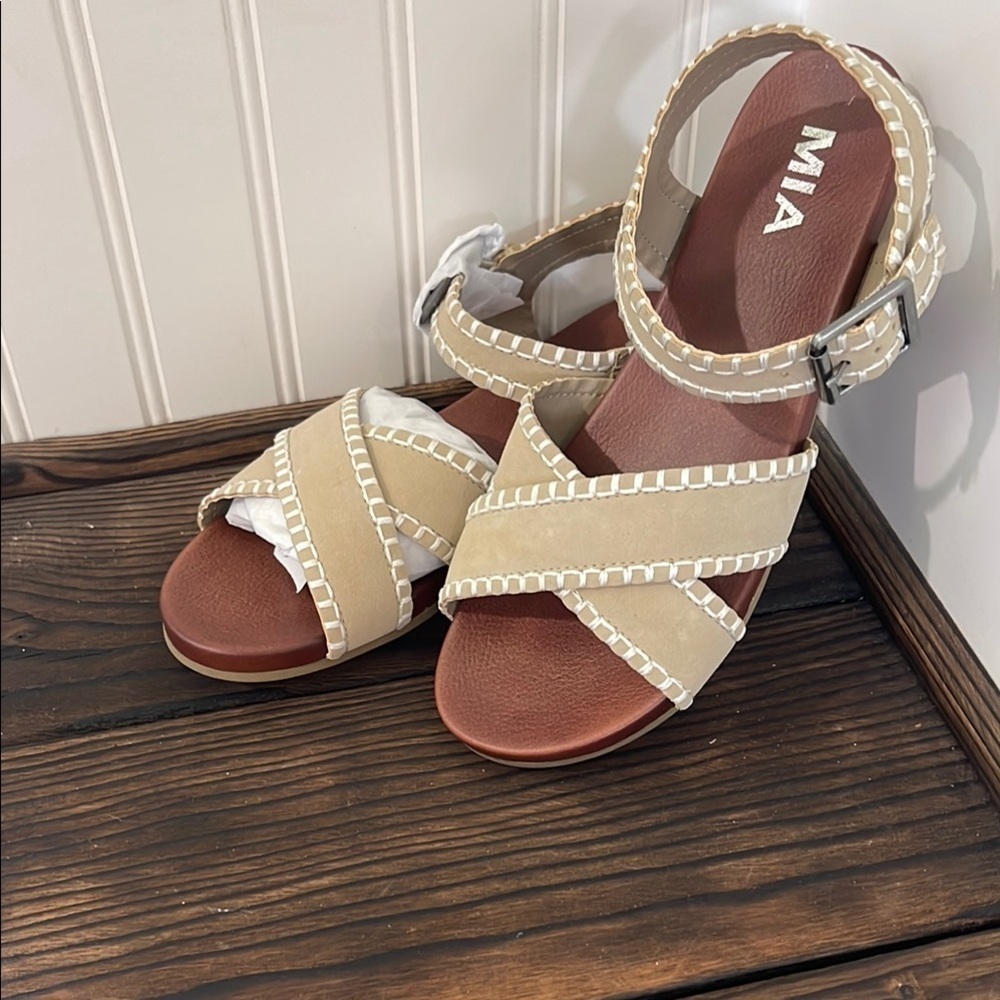 MIA Tan Beige Crisscross Ankle Strap Sandals